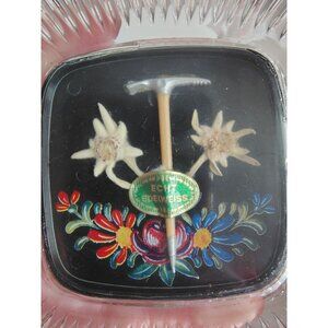 Vintage Echt Edelweiss German Glass Ashtray Ice Pick Dried Flowers Trinket Dish
